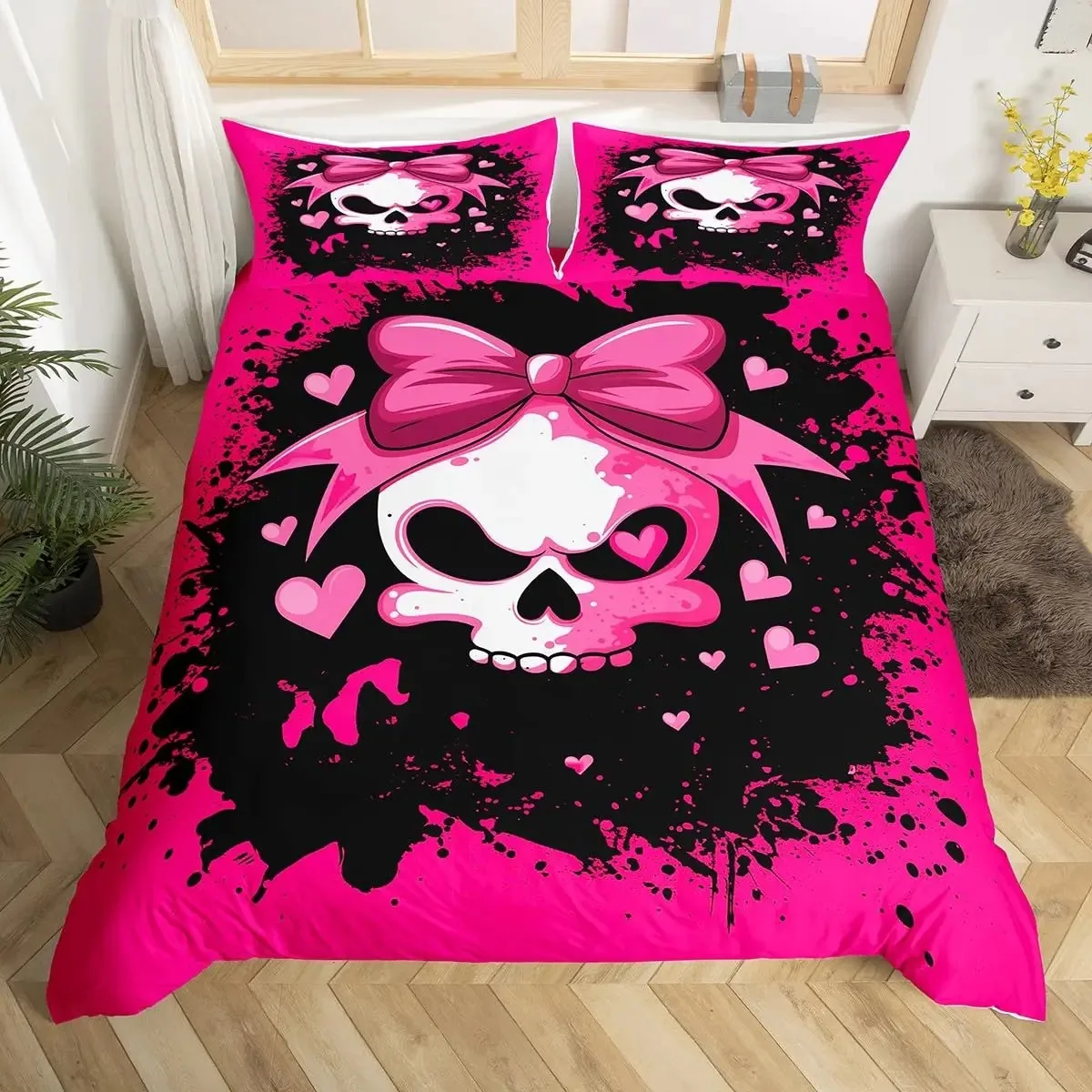 

Sugar Skull Bedding Set Queen Skeleton Duvet Cover for Boys Girls Teens Pink Bowknot Comforter Cover Halloween Theme Quilt Cover