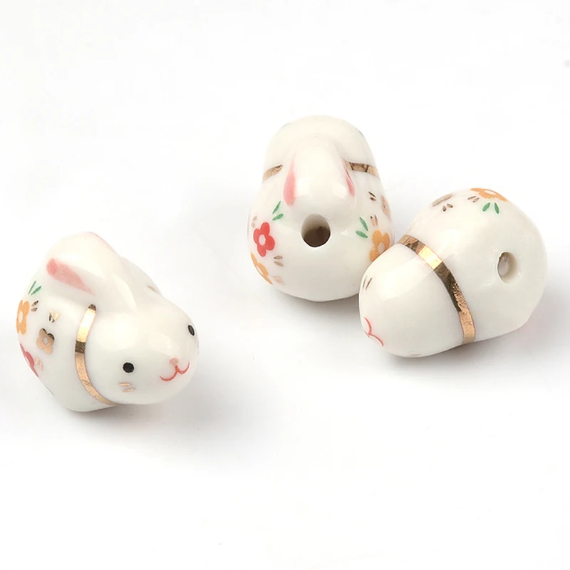 5pcs Lovely Rabbit Pottery Ceramic Beads Pendant 20x16x14mm Cartoon Animals Loose Porcelain Beads For Jewelry Making Accessories