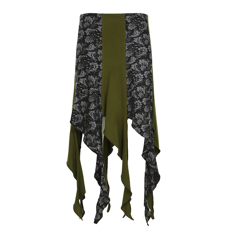 Retro Einfarbig Floral Patchwork frauen Röcke Hohe Taille Unregelmäßigen Saum Knöchel-länge Rock Frühen Herbst Neue A-linie röcke