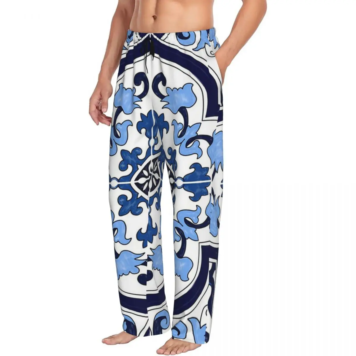 Custom Blue Ornate Floral Mediterranean Sicilian Tile Pajama Pants Men Sleepwear Sleep Lounge Bottoms with Pockets