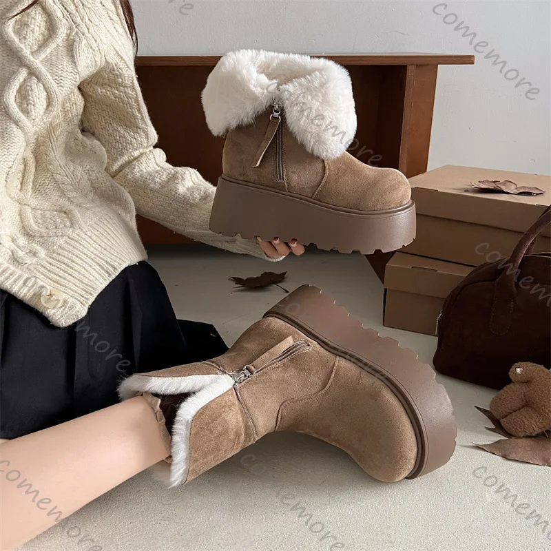 Comemore Damen Retro-Plateau-Schneestiefel für den Winter, mit Plüsch gefüttert, erhöhte weiche Baumwollschuhe, lässiges Wildlederfell, warme kurze Botas