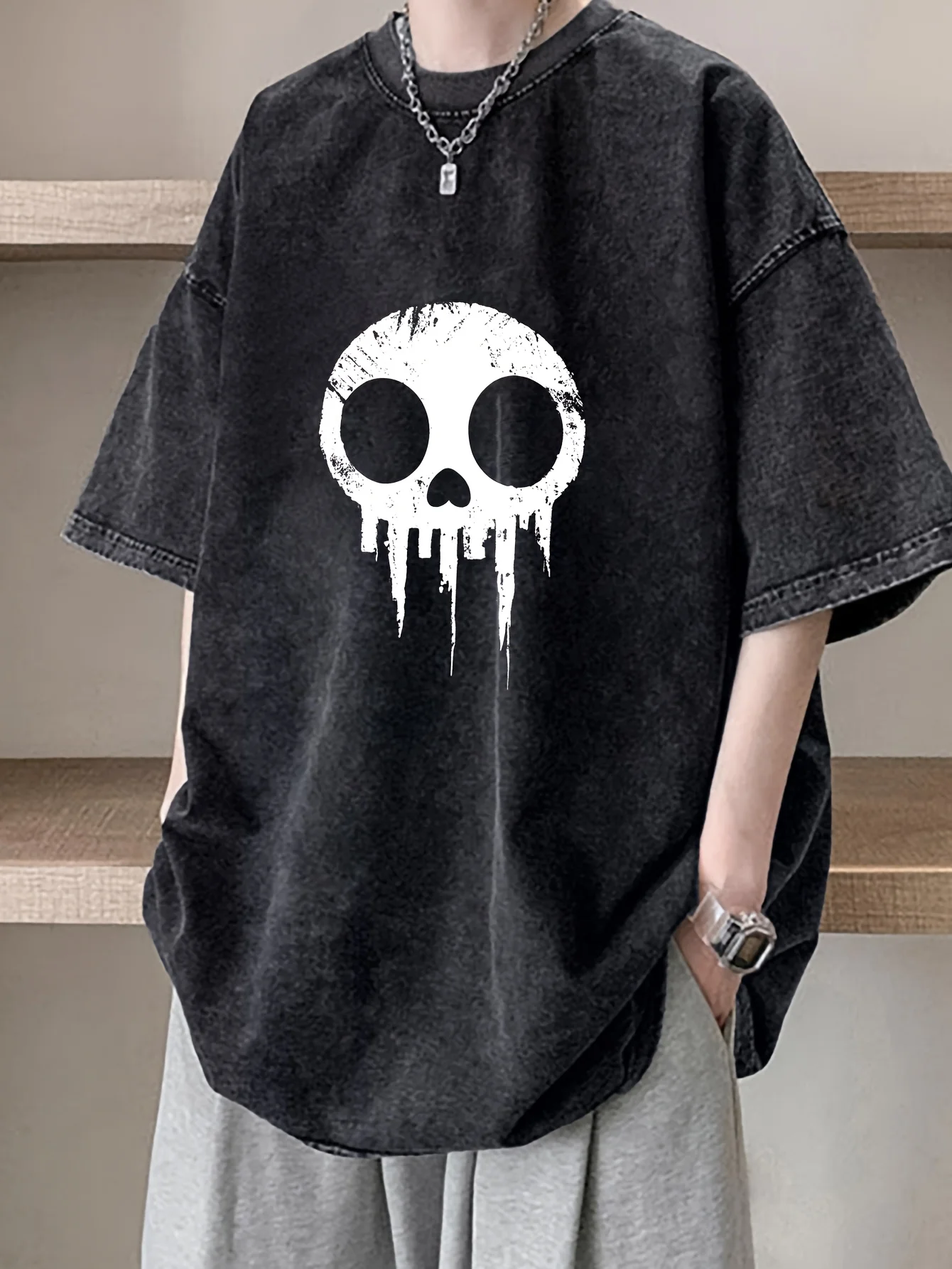 

Мужская повседневная футболка с круглым вырезом, короткий рукав из 100% хлопка с креативным принтом черепа, трикотаж свободного кроя, уличная одежда