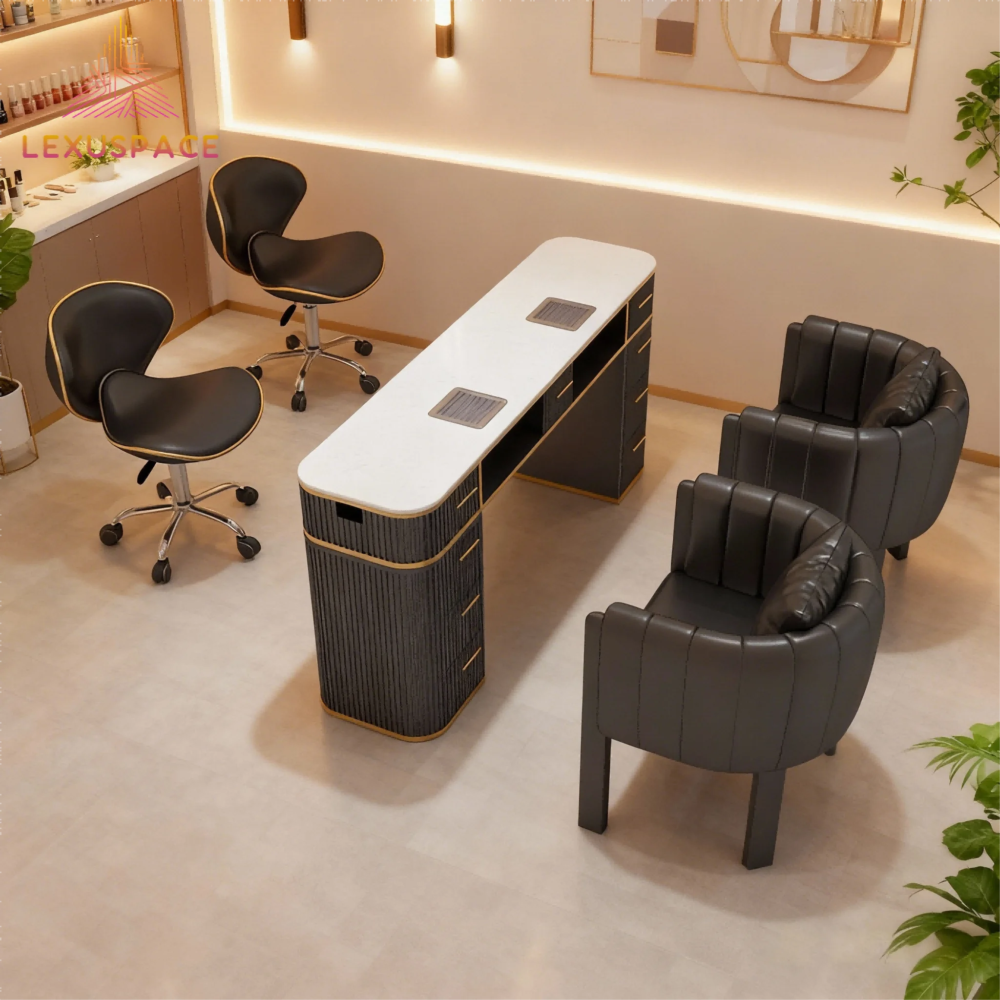 Modern Style 2 Seater Double Seat Nail Table with Marble Tabletop