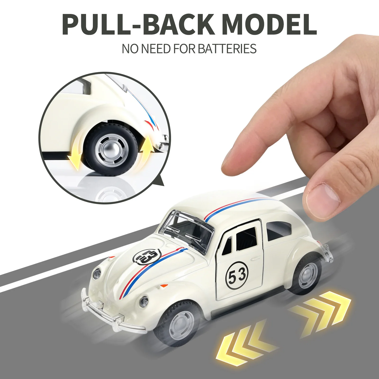 1:36 Scale Herbie No.53 Beetle Diecast Car, Pull-Back Alloy Model with Open Doors, Classic Racing Replica, Cream White Collectib image 3