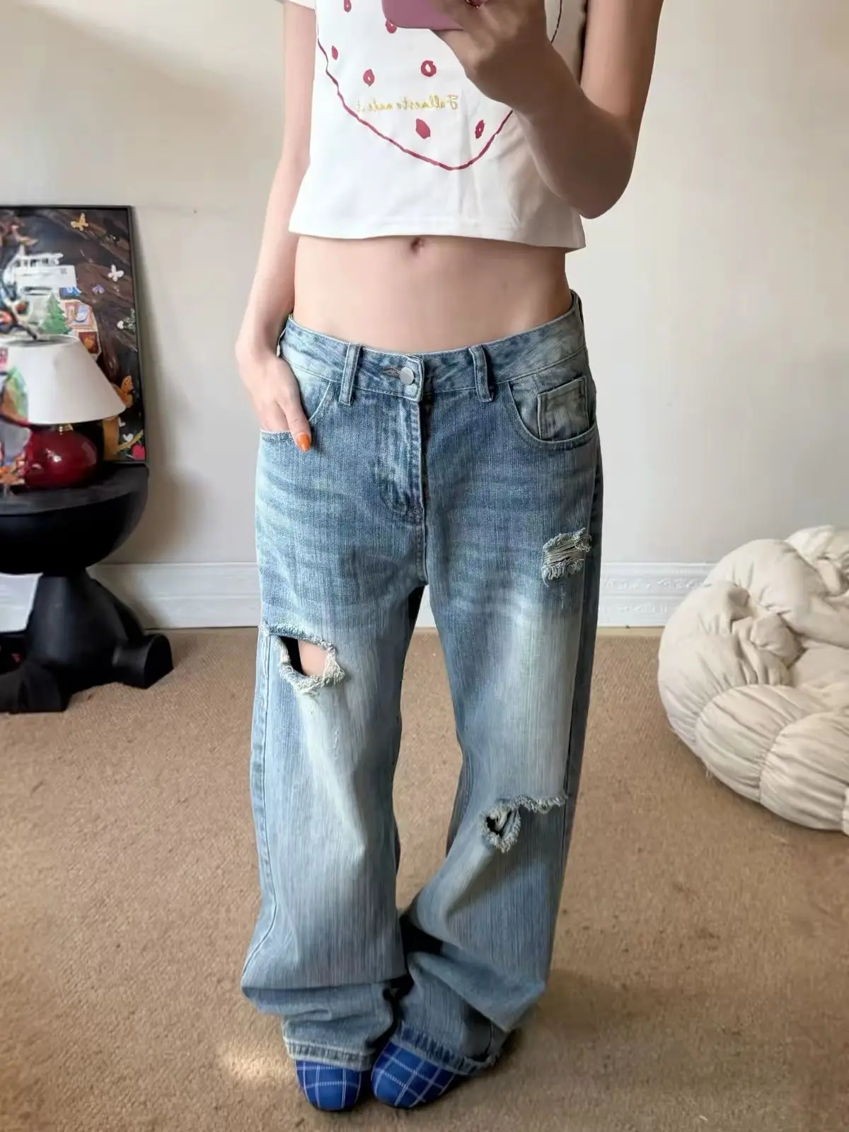 Distressed Slub Texture Curved Barrel Straight Wide Leg Jeans Women Retro Loose Cleanfit Streetwear Pants