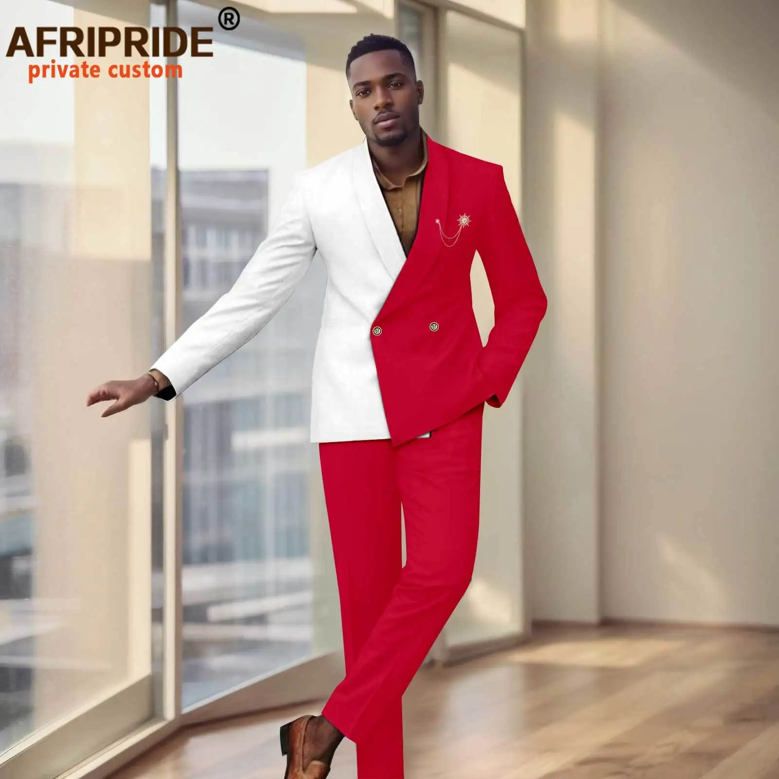African Suit for Men Two Buttons Brooch Slim Fit Jacket and Trousers 2 Piece Set African Clothing for Wedding 2516038