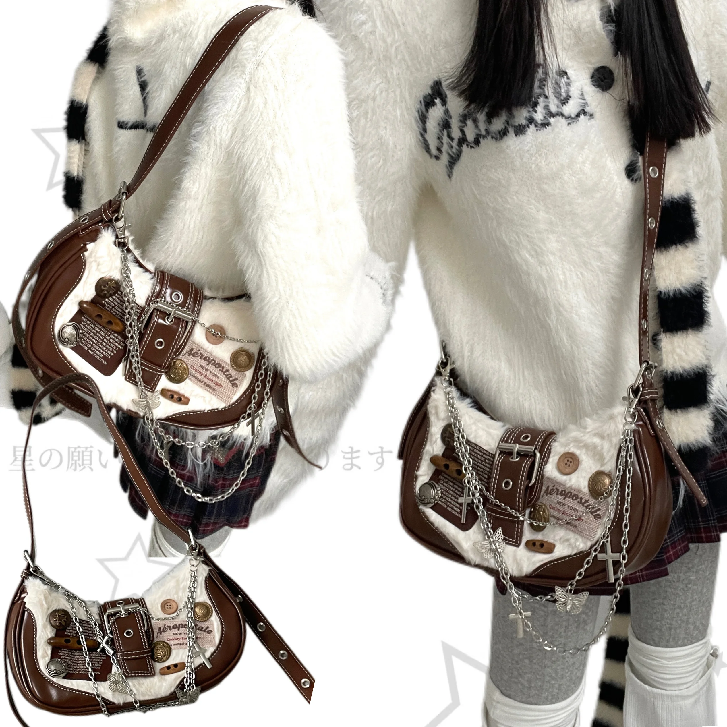 

Japanese Original Y2K Style Underarm Bag Women's Retro Millennial Plush Button Niche Designer Crossbody Crescent Shoulder Bags
