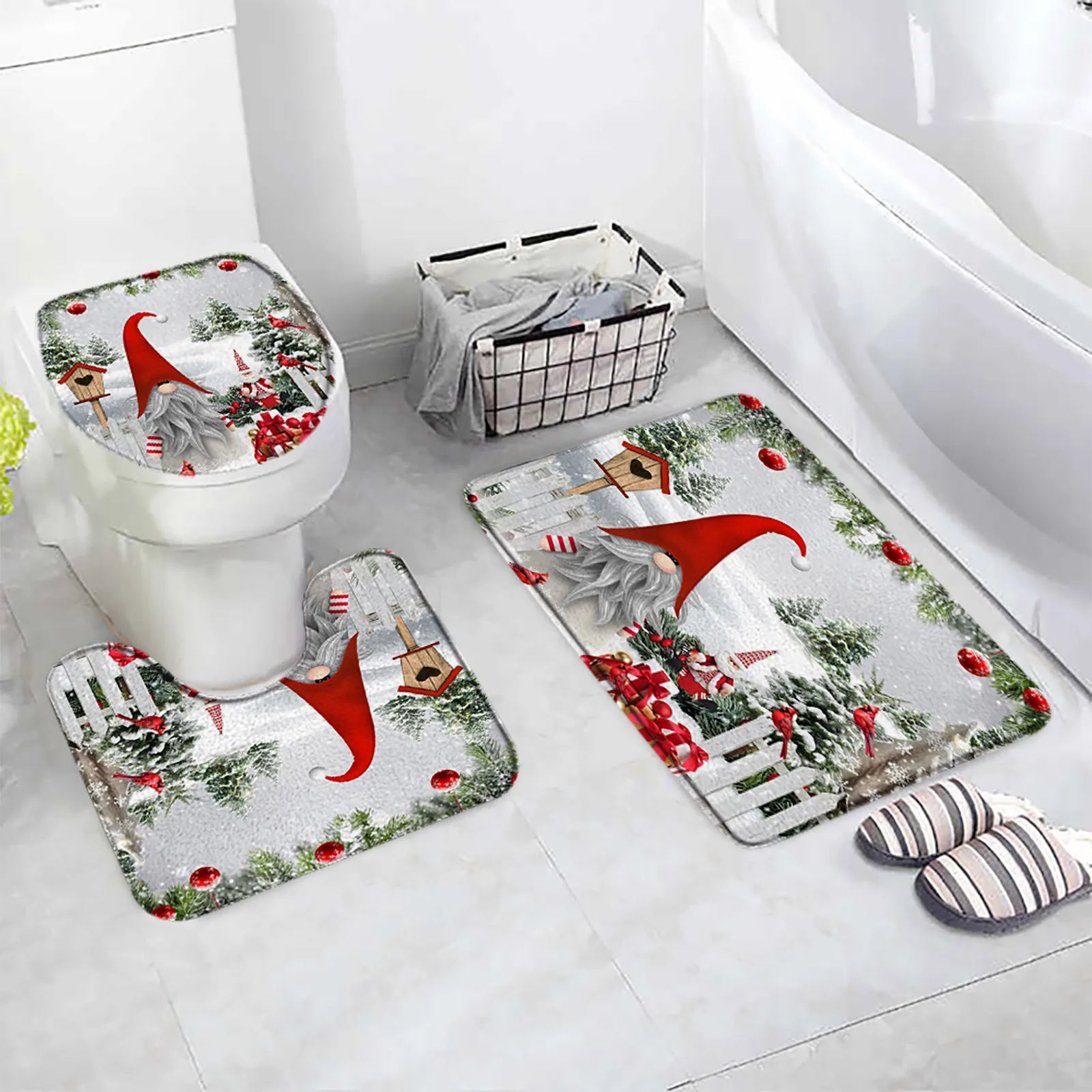 Cute Snowman Christmas Bath Mat Set Pink Xmas Trees Snowflake Winter New Year Flannel Home Bathroom Decor Floor Rug Toilet Cover