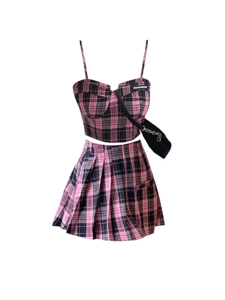 

Summer Women Gyaru Hot Sexy Plaid Rave Night Club Outfits 2 Piece Set Coquette Camisole + Mini Skirts Y2k 2000s Aesthetic Grunge