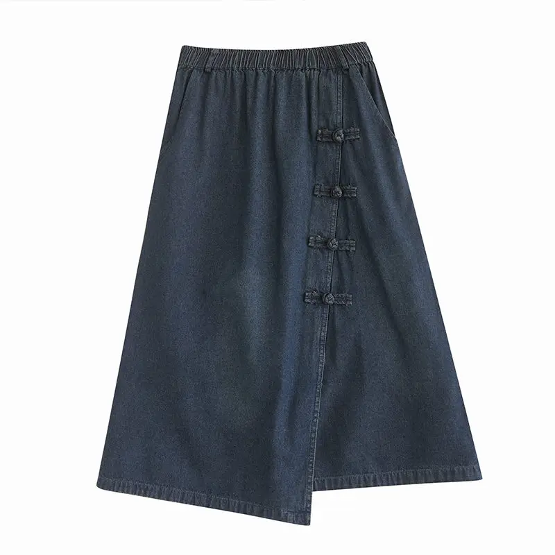 Retro Buttoned Denim Skirt Women\'s Elastic Waist Irregular A-Line Spring Summer Loose Jeans Saias h863