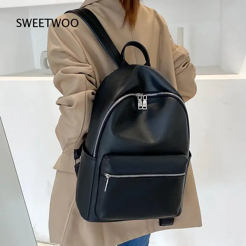 Minimalist Solid Color Backpack For Women Soft PU Leather Multi Pocket Casual Daily School Backpack
