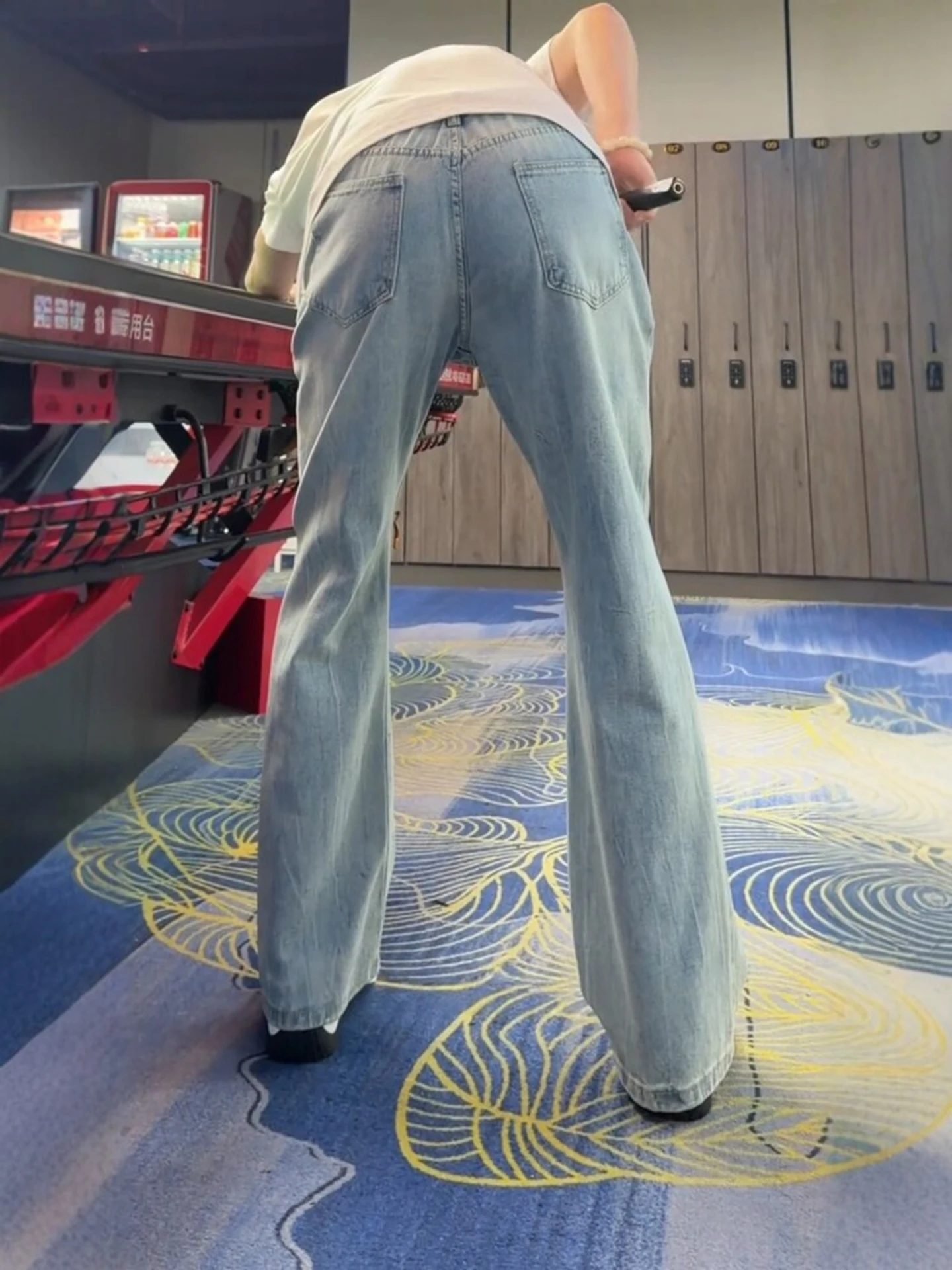 

Cleanfit Blue Lightning Pattern Bent Knife Jeans Men's American High Street Slimming Leg Lengthening Straight Micro Flared Pants