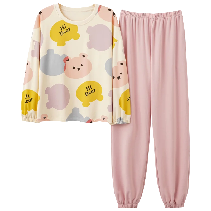 Miiow bonito impressão pijamas conjunto de algodão homewear feminino manga longa & calças sleepwear define solto confortável macio casa roupas