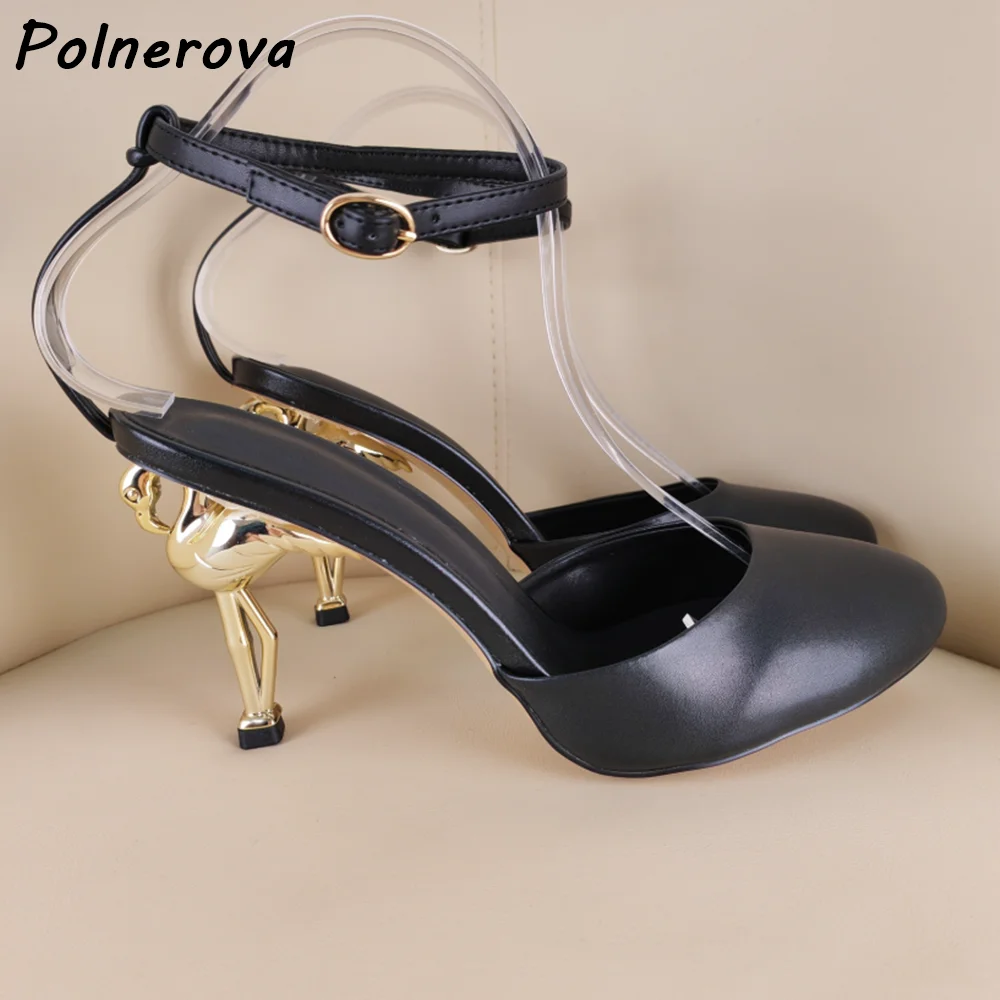 Zapatos de tacón metálicos con diseño de flamencos, punta redonda, correa al tobillo con hebilla, sandalias slingback, estilo artístico novedoso, tacón de aguja, para fiesta de noche, zapatos de verano