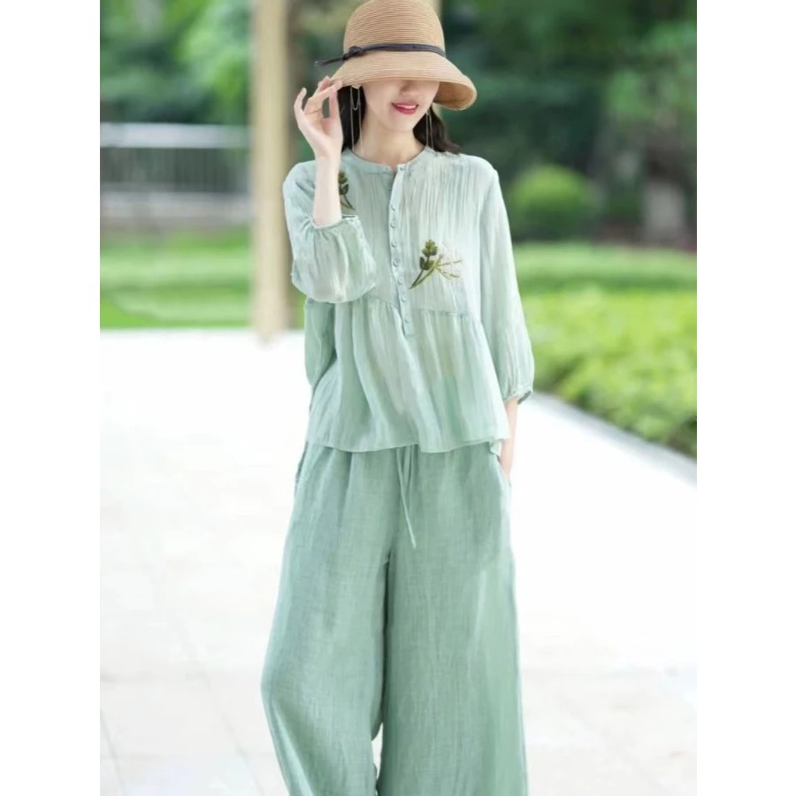 

Ele Casual Loose Women's Cotton irt And High Waist Pants Set Summer Embroidered Seven Sve Long T Top And Wide Le...