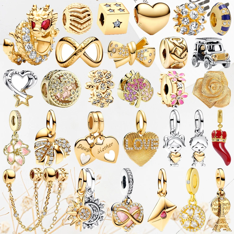 

2025 NEW Gold Dragon,Tower,Bow,Cherry Flower,Sun&Moon Dangle Charm Beads Fit Original 925 Silver Bracelet DIY Women Jewelry Gift
