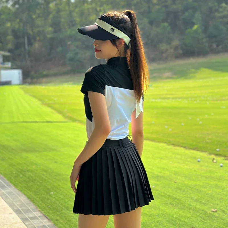 SG Golf Women\'s Spring/Summer Splicing Slim Short Sleeved Zip Polo Shirt Breathable Tennis Pleated Skirt Women Golf Wear 2024