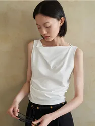 Minimalist Design T-Shirt For Women'S 2024 Summer New Sleeveless Swinging Collar Pinched Pleated Waist Strap Tank Top