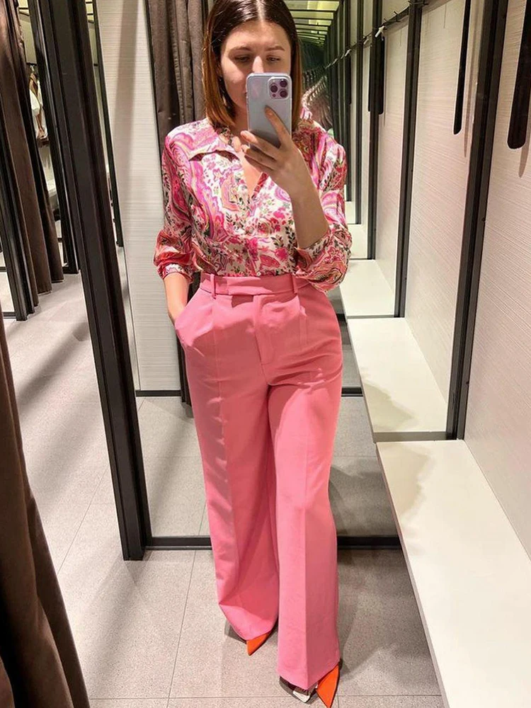 Pembe Paisley saten bayanlar bluz moda bahar uzun kollu elbise Turn Down yaka Casual kadın gömlek Vintage kadın üstleri 2022 yeni