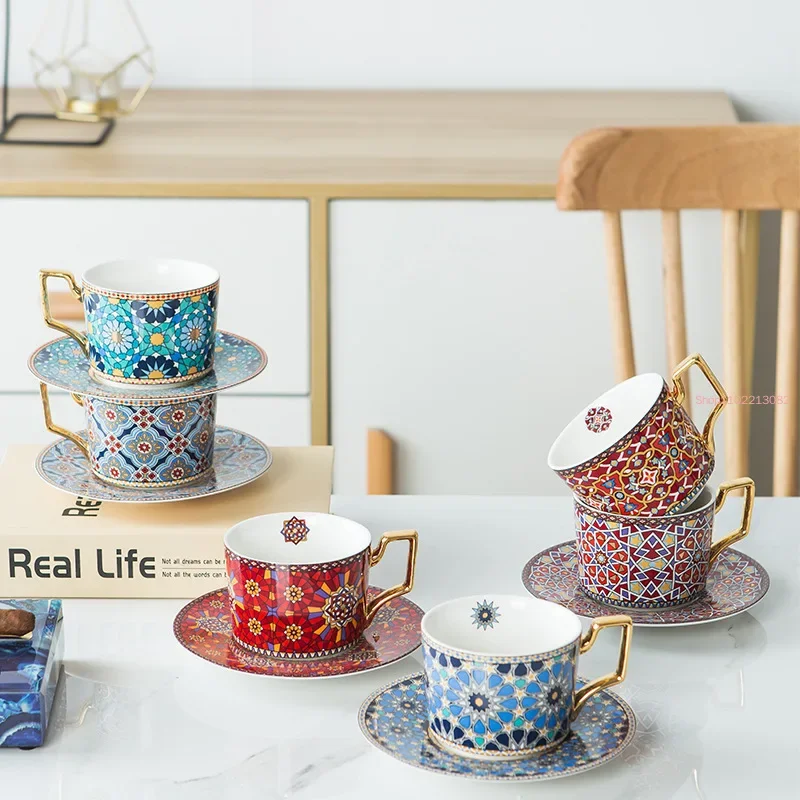 Vintage Texture Coffee Mug with Gold Handle Moroccan Style Ceramic Tea Water Cup for Mom Women Mothers Girls Wedding Gift 300ml