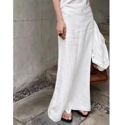 2024 New Vintage White Linen Maxi Skirt Straight Cotton High Waisted Split Casual Long Skirts for Women Office Lady Summer Skirt