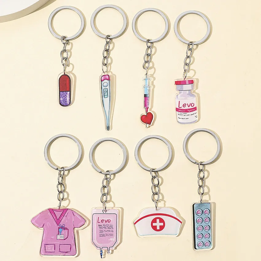 Nurse\'s Day Doctor Keychain Acrylic Thermometer Capsule Nurse Hat Keychain Bag Key Decoration Pendant