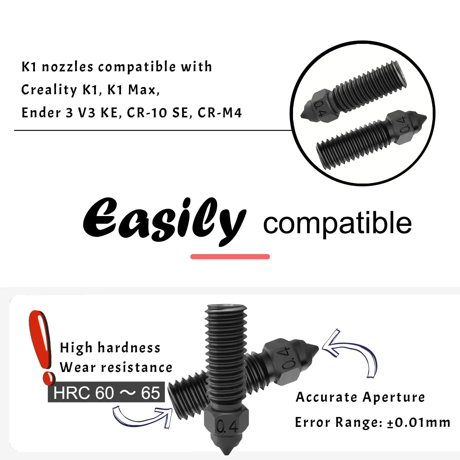 Creality K1 Kupferlegierungs-Düse, 0.2/0.4/0.6/0.8mm für Ender 3 V3 KE, K1, K1 Max, CR-10 3D-Drucker Zubehör – Detail 2