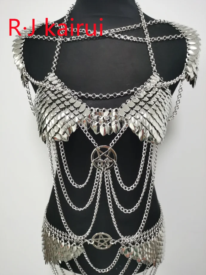 New Fashion RJFS27 Silver Fish Scales Shoulder Chains Bra Layers Chain Mail Dragon Scale Belly Jewelry