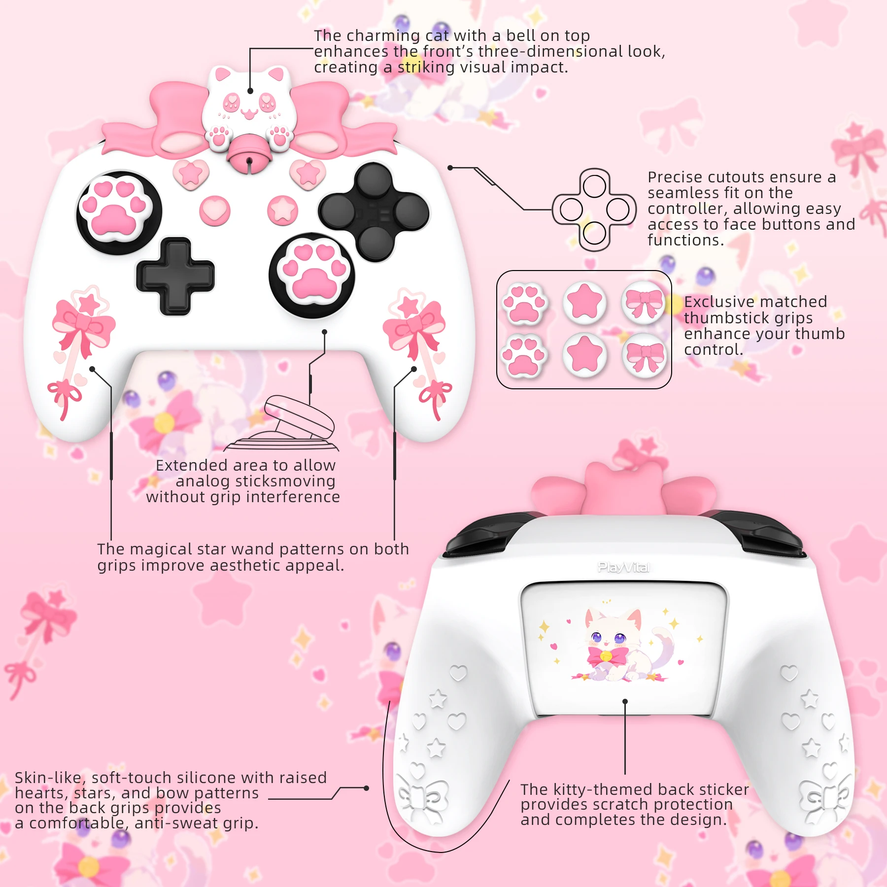 Силиконовый чехол PlayVital для контроллера Nintendo Switch Pro, Kawaii Sweetheart Kitty — белый