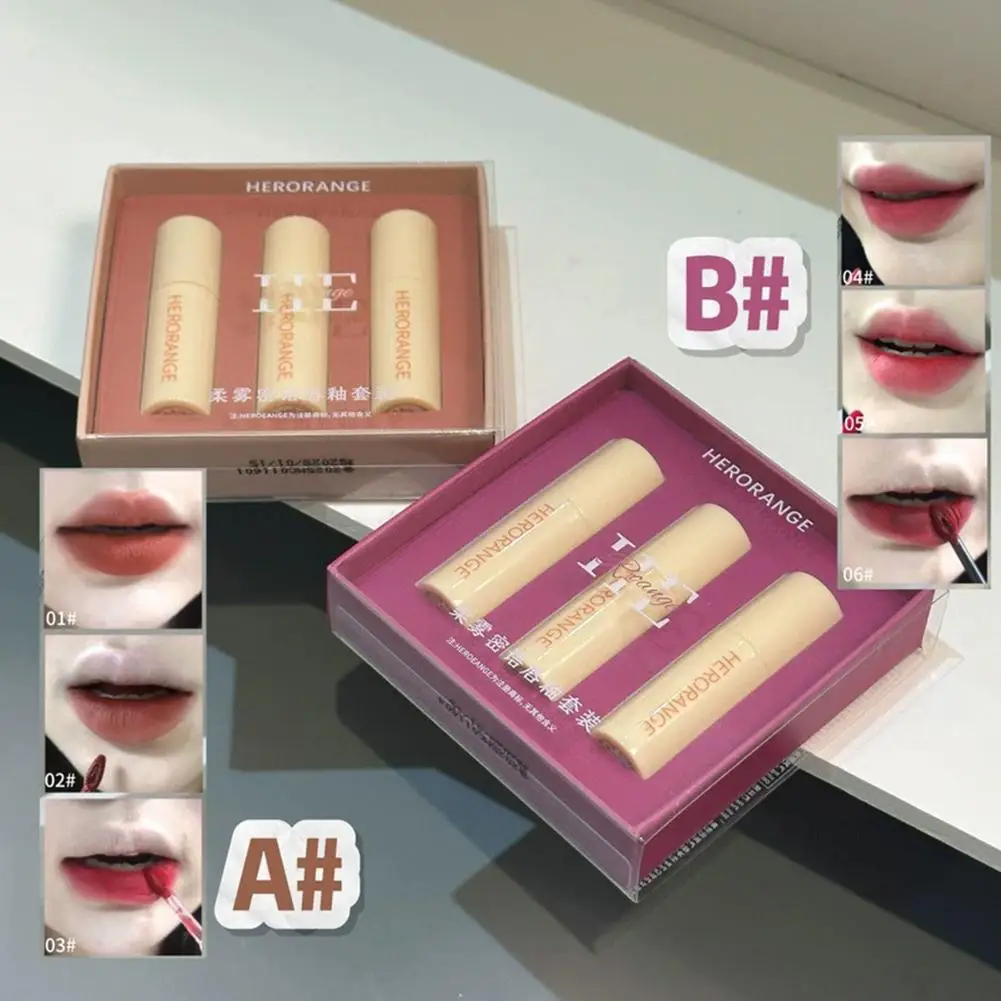 3 Teile/satz Weiche Matte Seidige Flüssigkeit Lippenstift Mousse Samt Herbst/Winter Mädchen Lip Schlamm Dunkelrot Braun Lip Tint make-up Kosmetik
