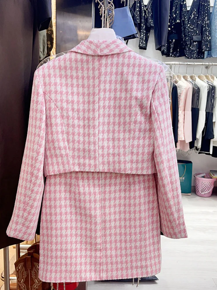 Autumn New Arrival Rhinestone Bow Plaid Blazer Jacket Short Bodycon Skirt Two Piece Set Women Outfits