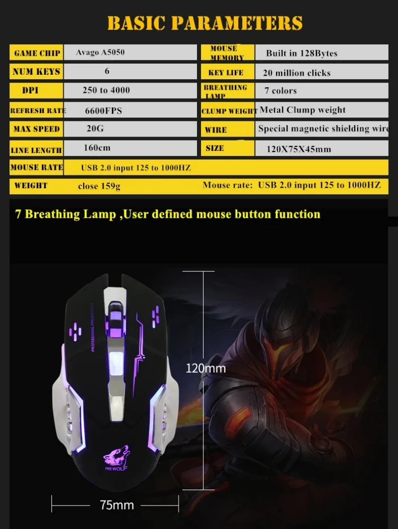 ماوس ألعاب سلكي 6 مفاتيح قابل للبرمجة 7 ألوان RGB إضاءة خلفية تصميم مريح 4 مستويات DPI قابل للتعديل سريع دقيق انقر V5