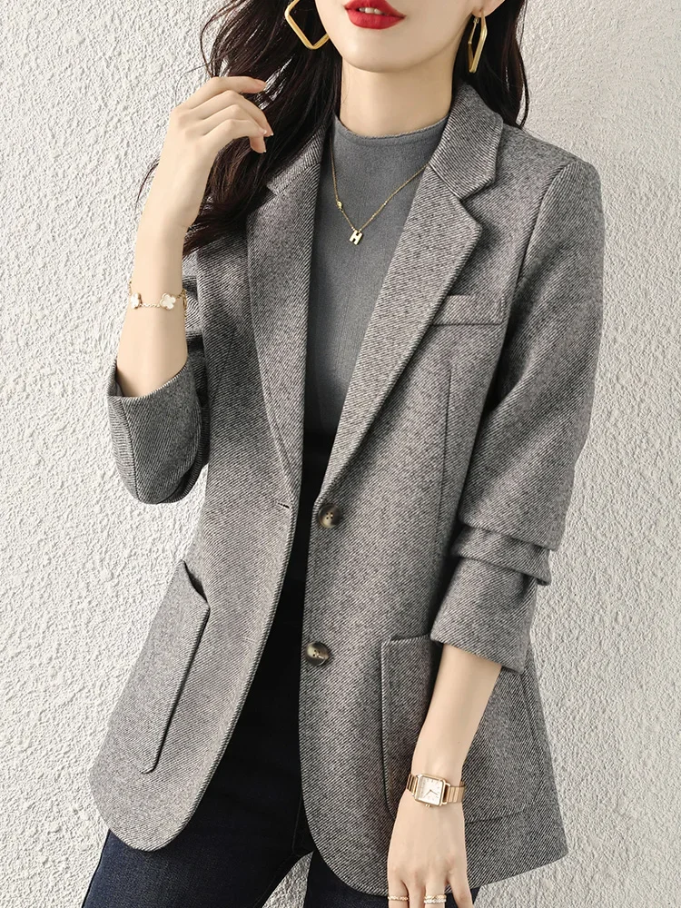 High-End Gray Wool Blazer for Women, Autumn Winter Thickened Casual Loose Korean Style British Chic Suit Jacket Female Coat Top