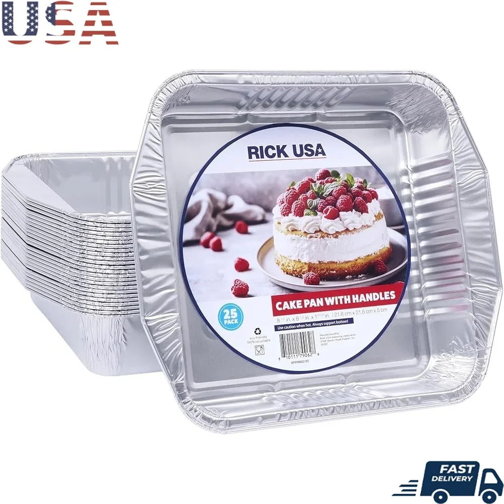 

25 упаковок 8x8 формы для торта из алюминиевой фольги с ручками, многофункциональные формы для выпечки, приготовления пищи, гриля, морозильной камеры, безопасный, прочный, теплопроводность