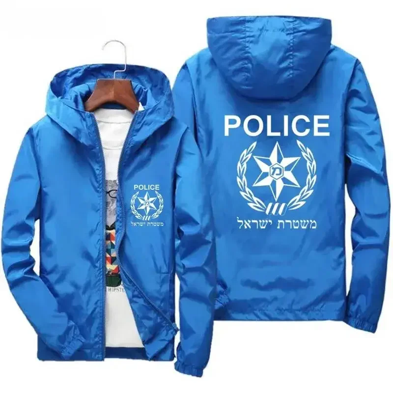 

Mens Outdoor Sport Israeli Police Mans Israel Cops Hooded Coat Windbreaker Zipper Coat Pilot Pilot Thin Parkas Clothing Jacket