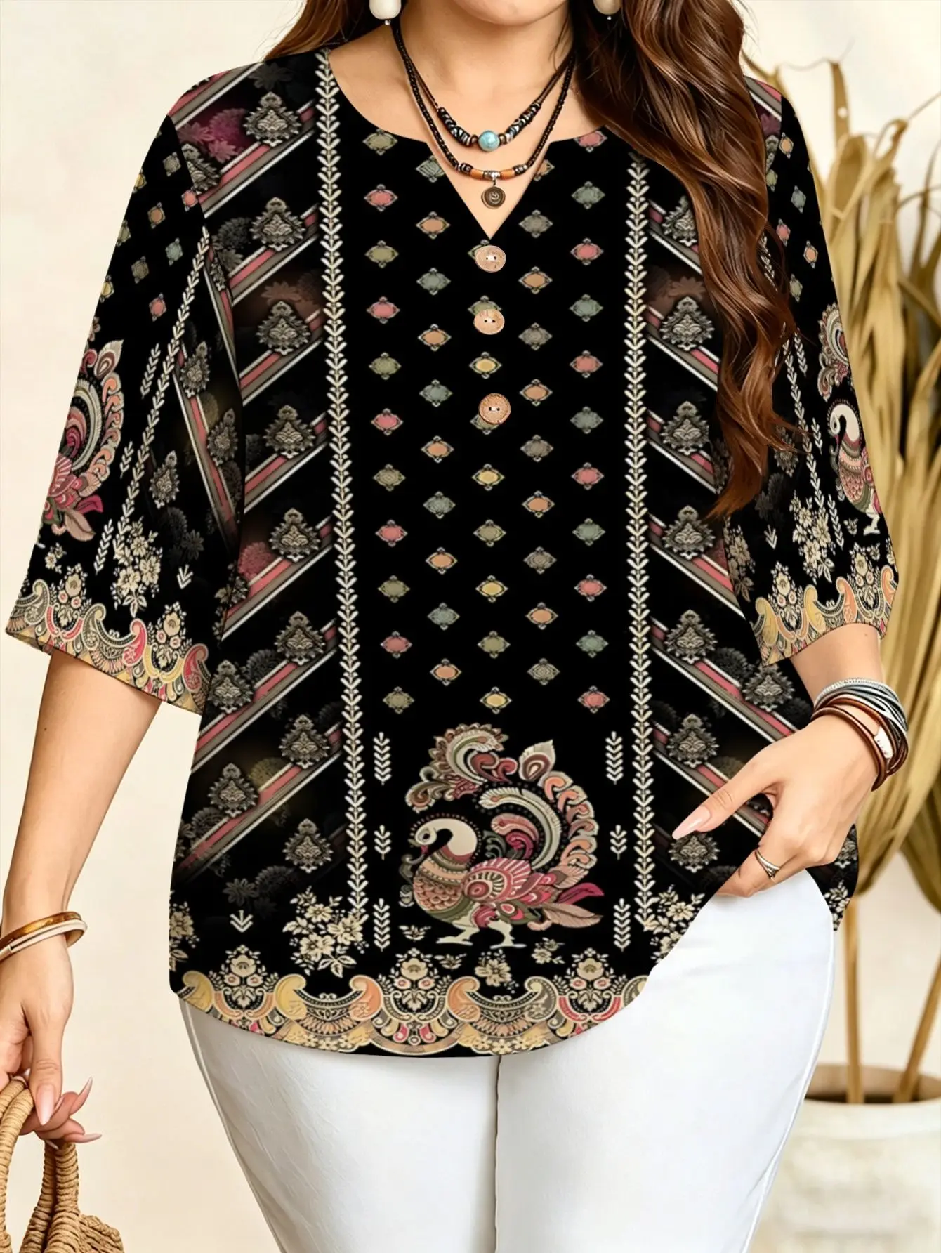 Women Notch V Neck 3/4 Sleeve Blouse Bohemian Ethnic Paisley Floral Geometric Print Vacation Daily Loose Casual Top