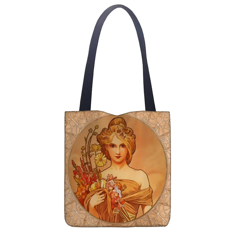 New Tote Bags Alphonse Mucha Art Printed Linen Fabric Eco Handbag High Capacity Shopping Office Reusable Casual Shoulder Bag