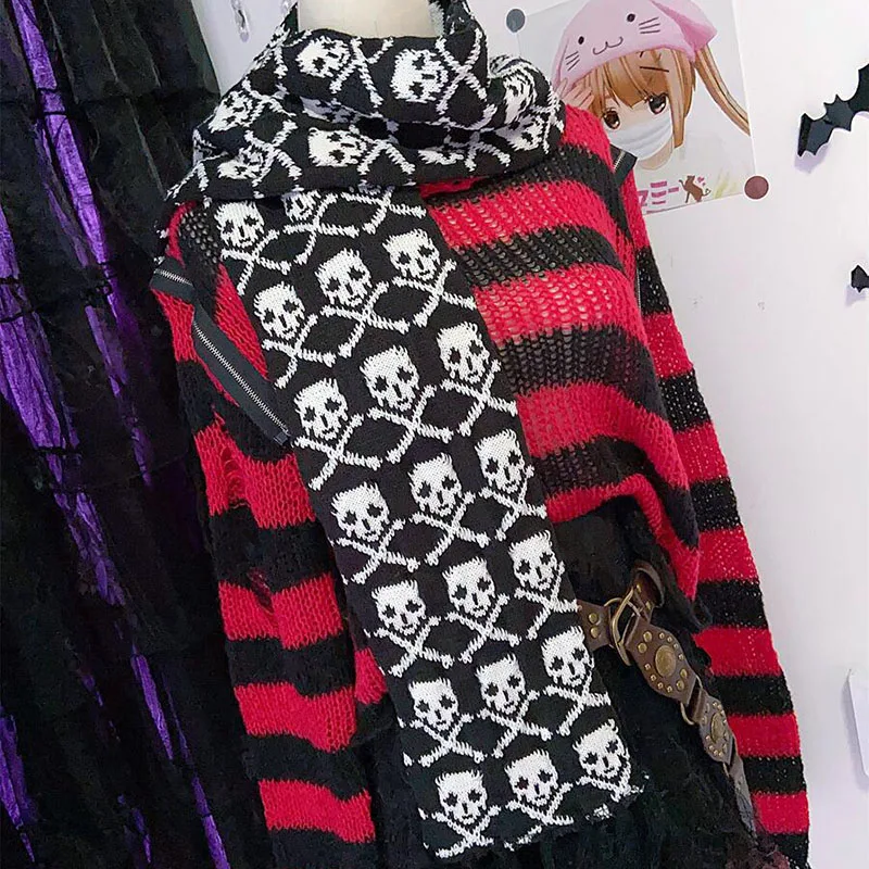 Halloween Skull Scarf Gothic Winter Knitted Black Dark Shawl Acrylic Tassels Harajuku Skeleton Wrap with Fringes for Women Men