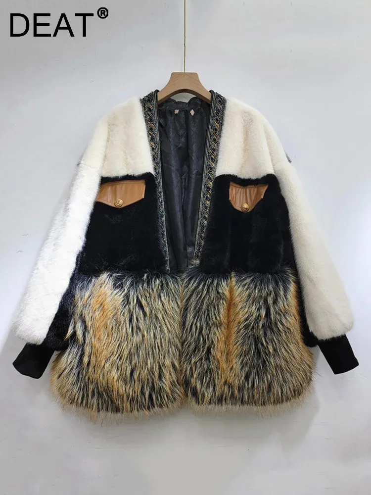 DEAT Fashion Women\'s Faux Fur Spliced Plush Beading Edge Coat 2024 Spring New Items V-neck Long Sleeves Jacket Female 11XX7236