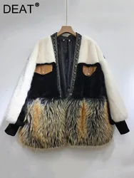 DEAT Fashion Women's Faux Fur Spliced Plush Beading Edge Coat 2024 Spring New Items V-neck Long Sleeves Jacket Female 11XX7236