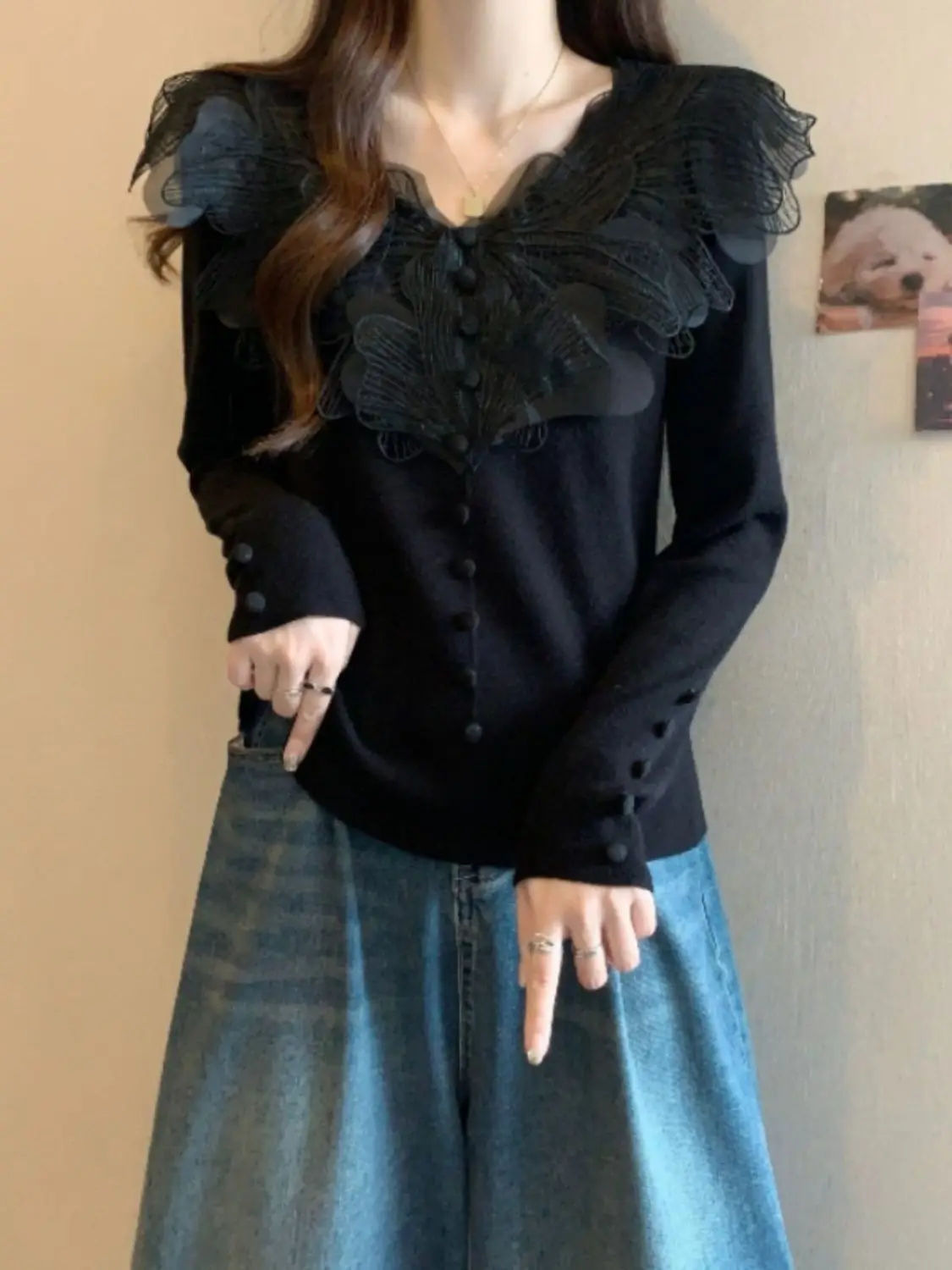 النمط الفرنسي سليم صالح الخامس الرقبة الدانتيل لصق تريكو كم طويل المرأة قاعدة قميص مريح جديد عصري تريكو الأعلى