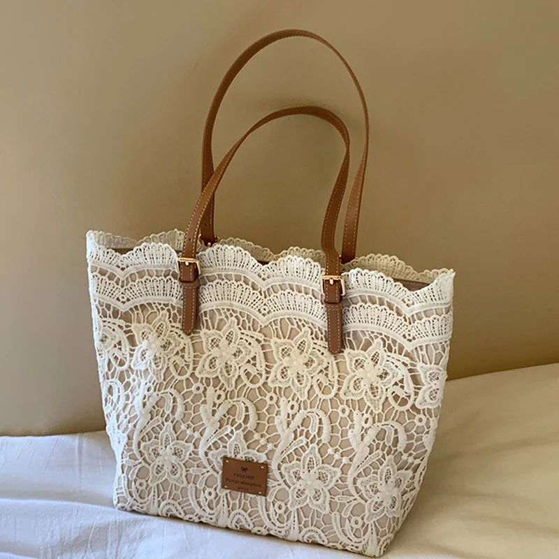 Women White Lace Flower Embroidery Tote Summer Seaside Travel Vacation Beach Bag Shoulder Retro Handbag