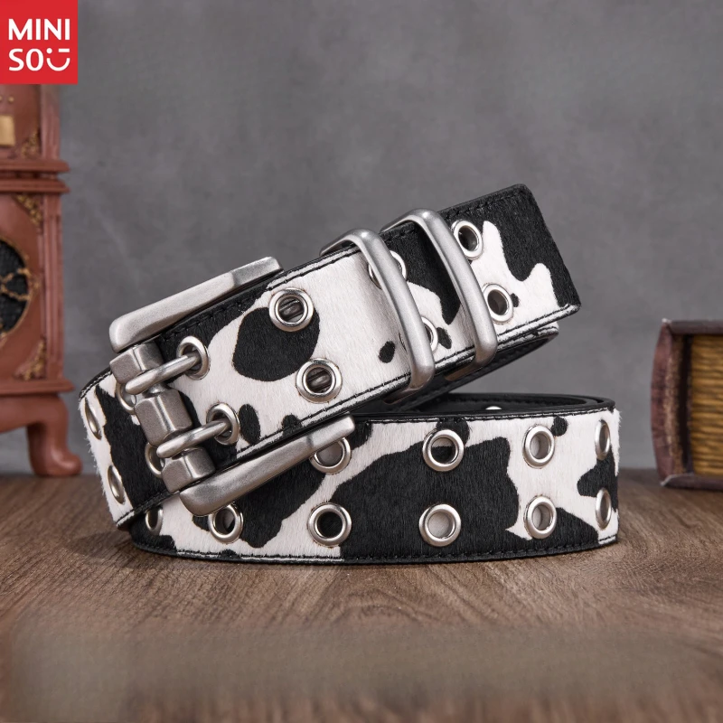 

Miniso Genuine Leather & Ponyhair Belt for Men, Luxury Cut-Out Design, Minimalist Unisex Waistband