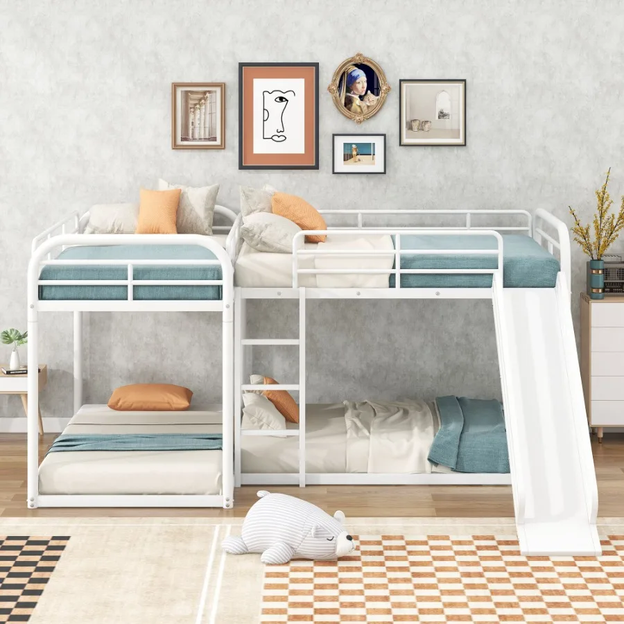 Full and Twin Size L-Shaped Bunk Bed with Slide and Short Ladder White