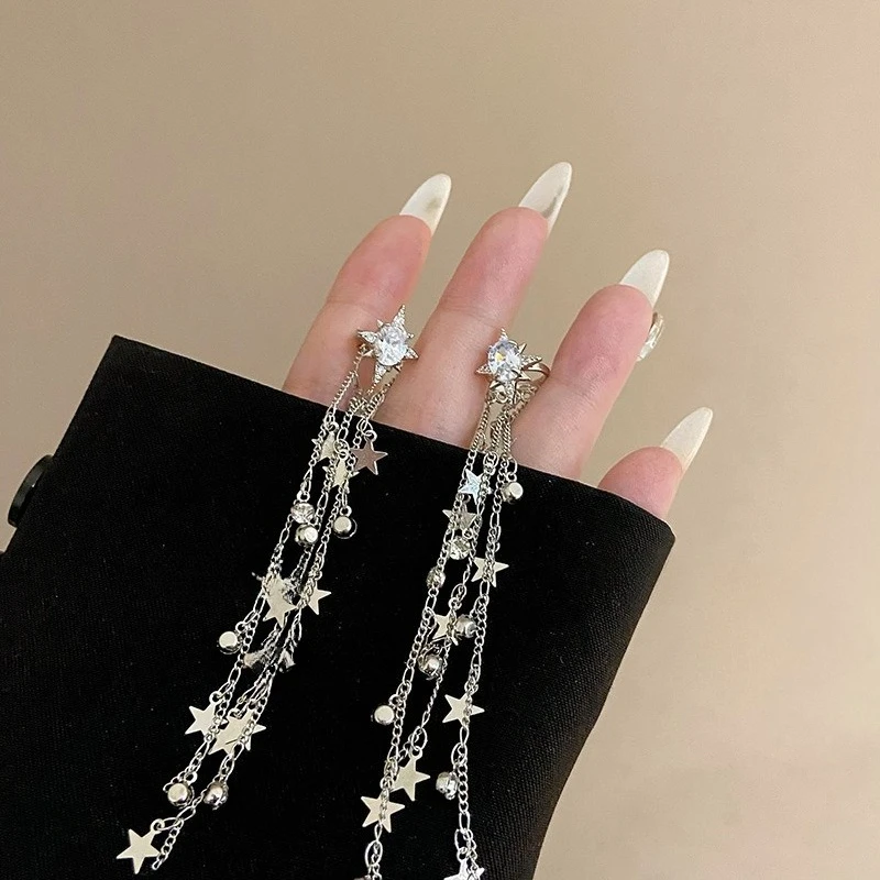 Sparkling Diamond Star Long Tassel Ear Clips Women's Niche Light Luxury Advanced Sense Versatile Ear Piercing