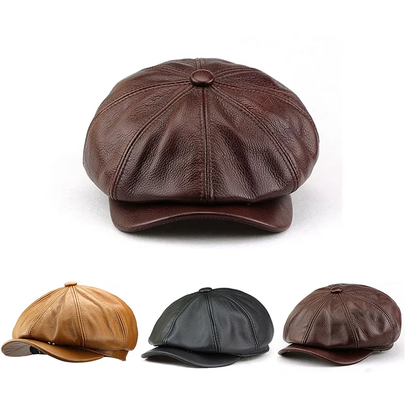 

Light Luxury Cowhide Leather Baker Boy Cap For Men British Vintage Newsboy Hat Women Autumn Artist Cap Outdoor Street Beret Caps