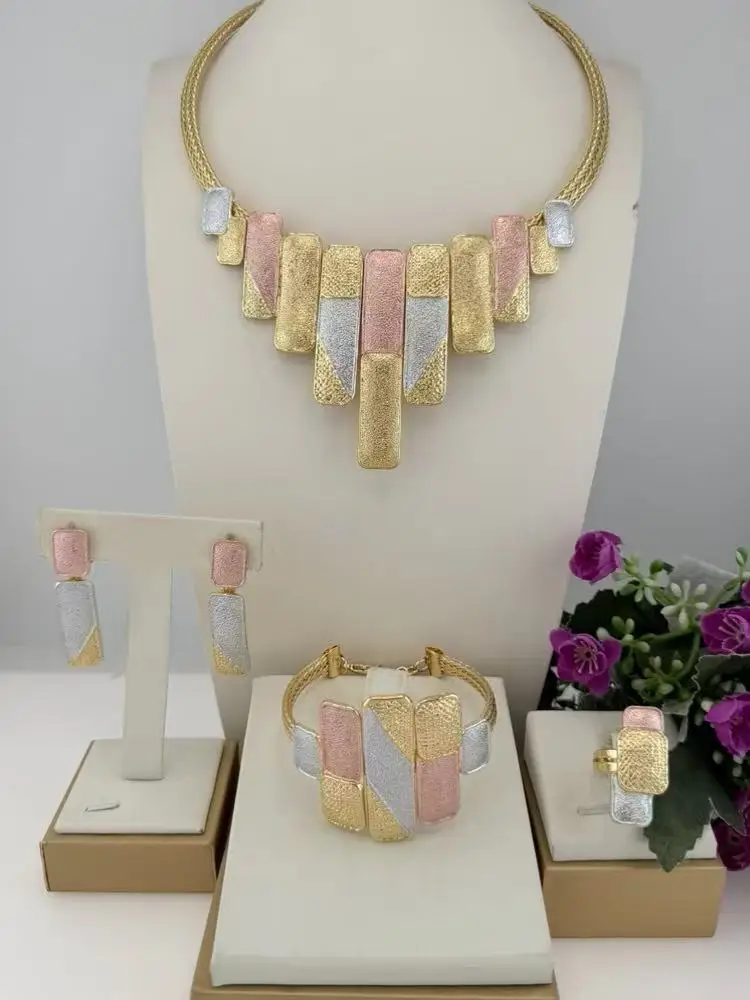 Simple Square Three Tone Shape Brazilian Jewelry set Elegant Fine llaveros Collar Pulseras pin Pendient tentacles Anillo 4PC Set