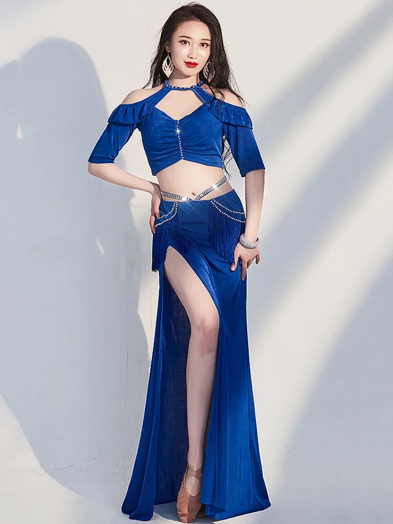 

Belly Dance Training Clothes Women Ruffles Sleeve Tassels Skirts Eastern Practice Performance Uniform Dancewear Rave Outfit