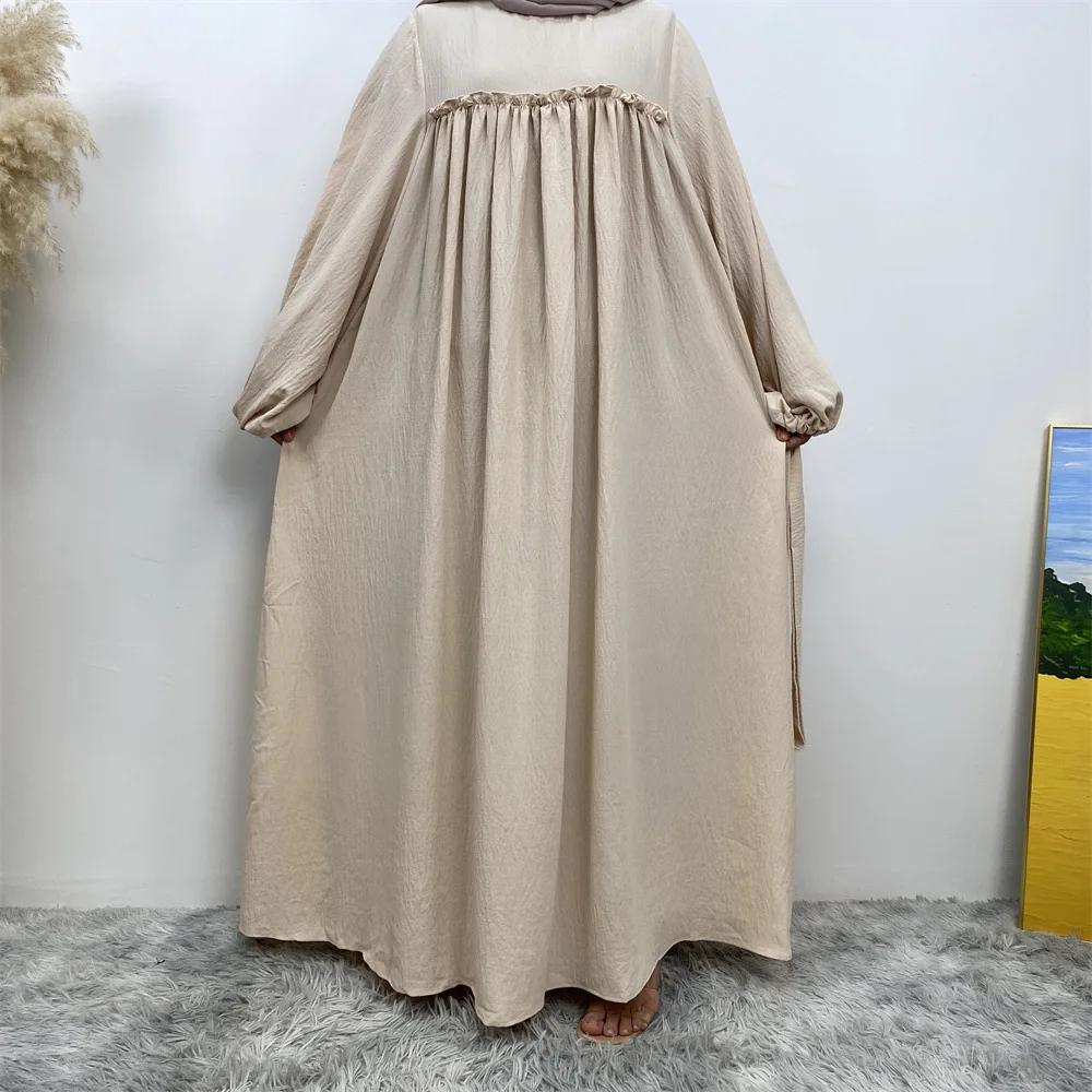 Muslim Women Middle East Dubai Loose Sleeves Robe Dress Abaya Solid Color with Side Pockets