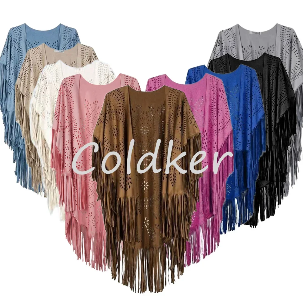Chal con flecos y borlas ahuecados florales para mujer, capas Vintage, Ponchos, cárdigan bohemio de gamuza Camel para otoño, capas bohemias